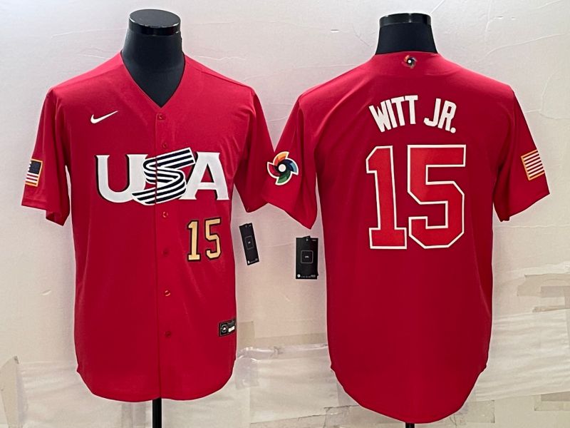 Men 2023 World Cub USA 15 Witt jr Red Nike MLB Jersey4